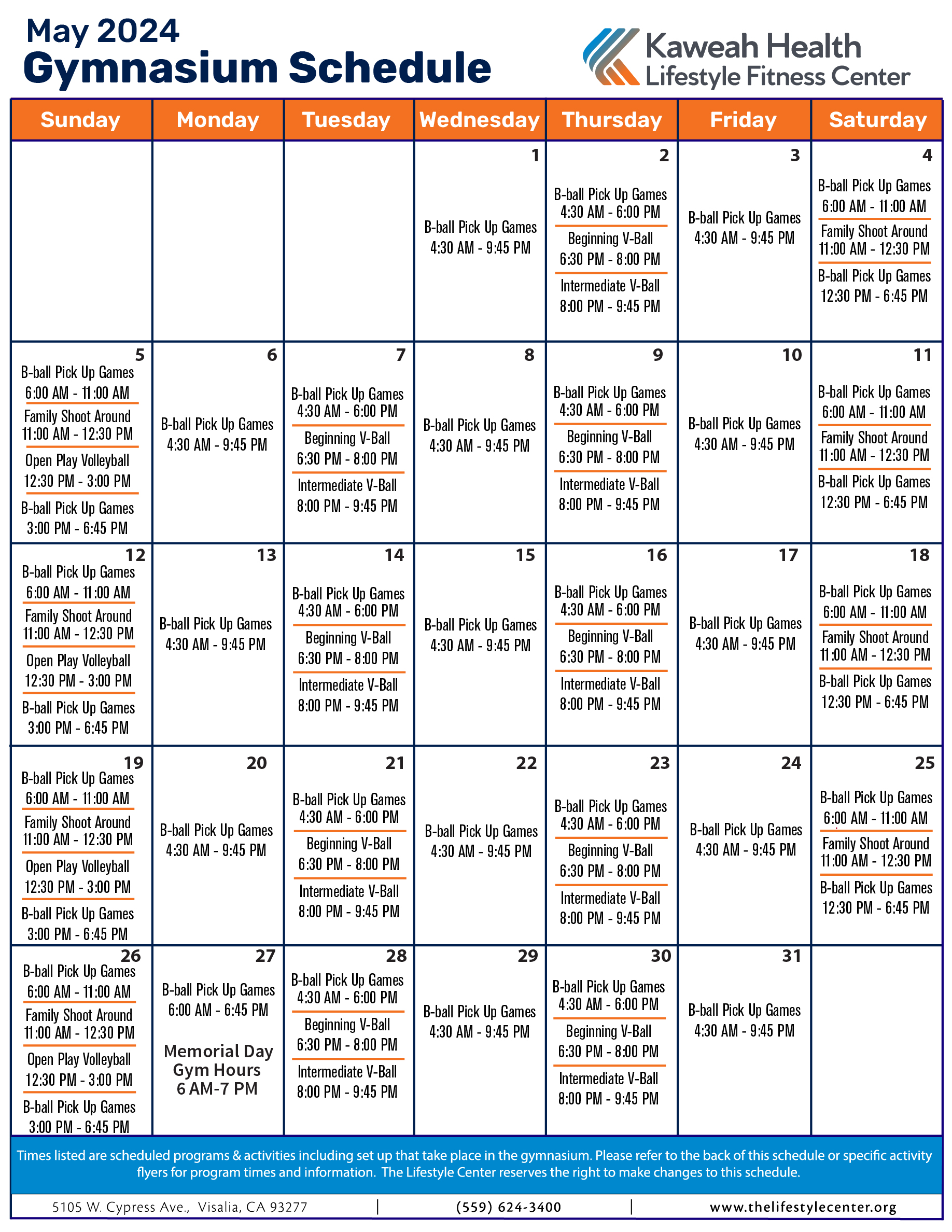 May 2024 Gymnasium schedule