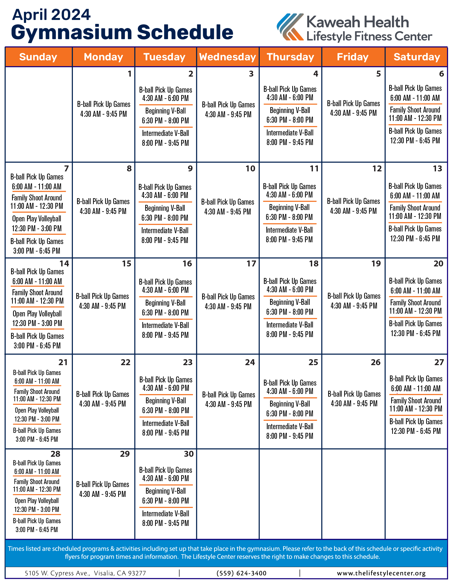 April  2024 Gymnasium schedule