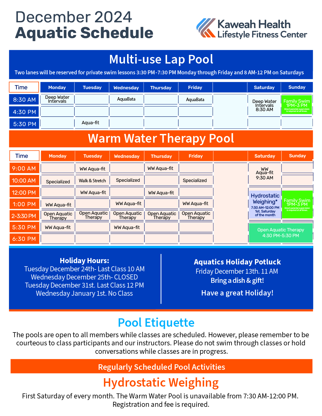 December Aquatic Schedule 2024