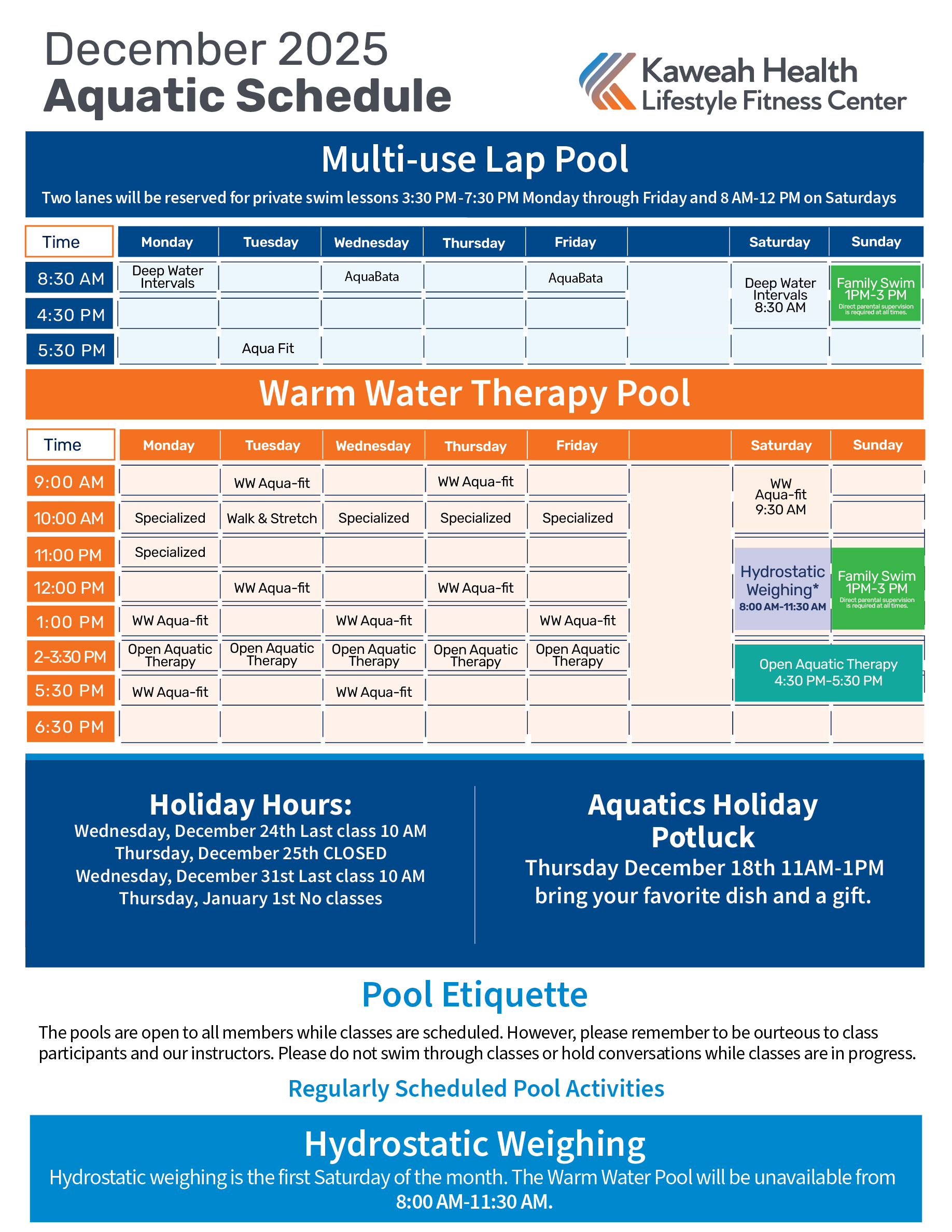 December 2025 Aquatic Schedule