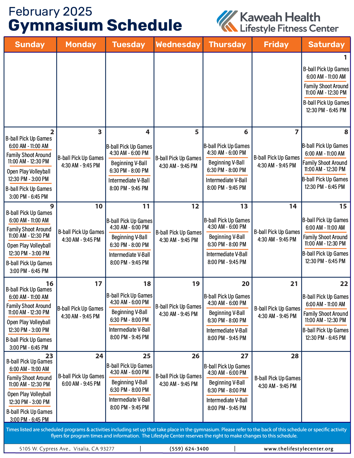 February 2025 Gymnasium schedule