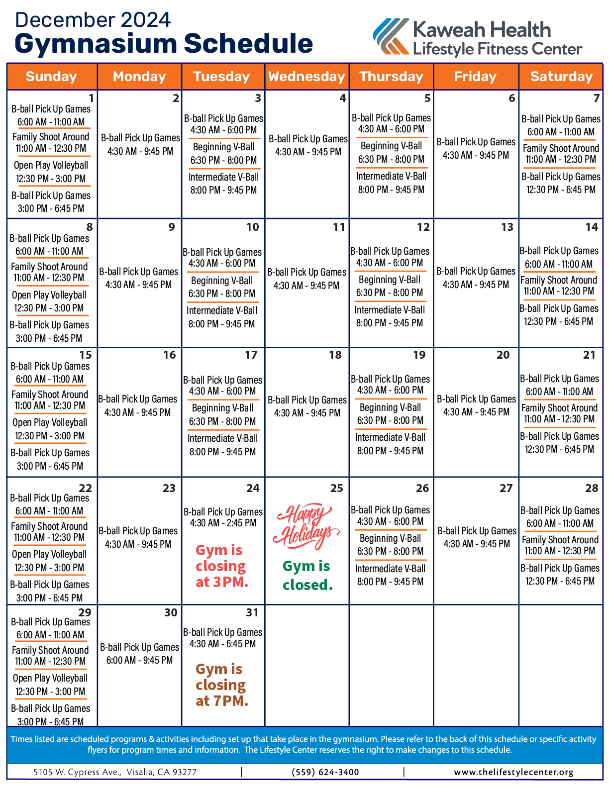 November 2024 Gymnasium schedule