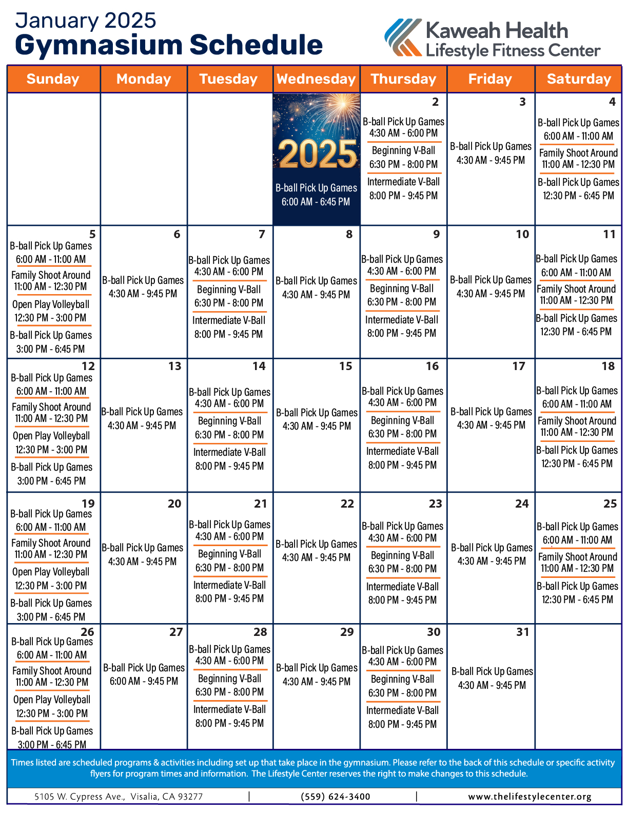 January 2025 Gymnasium schedule