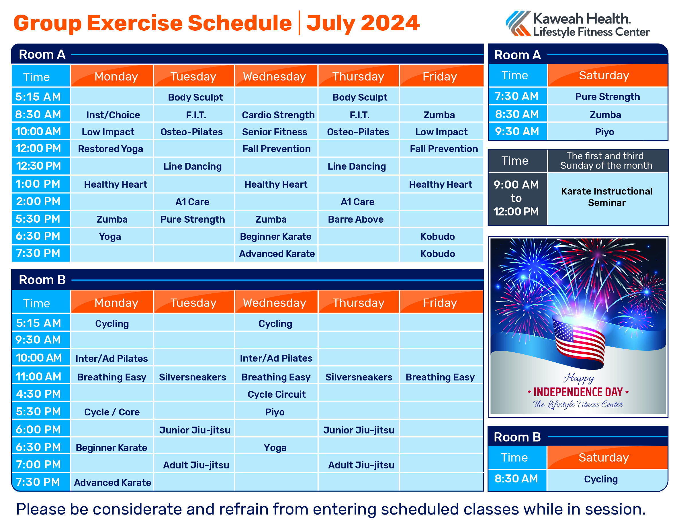 July Aerobic schedule 2024
