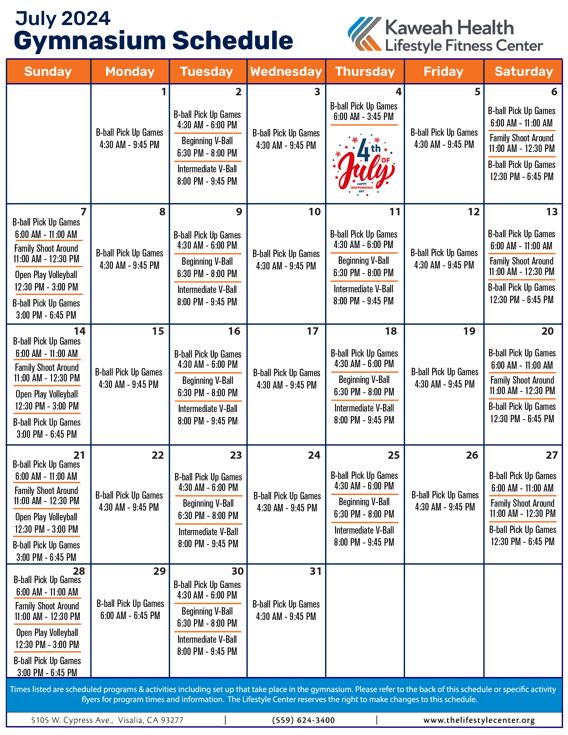 July 2024 Gymnasium schedule
