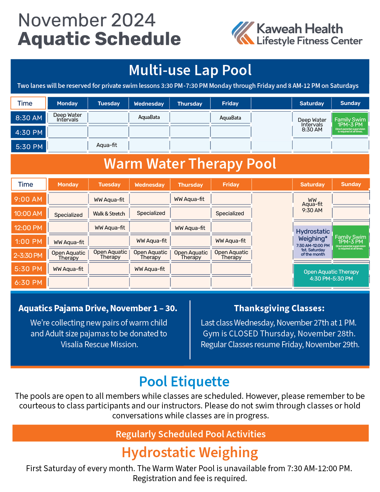 November Aquatic Schedule 2024