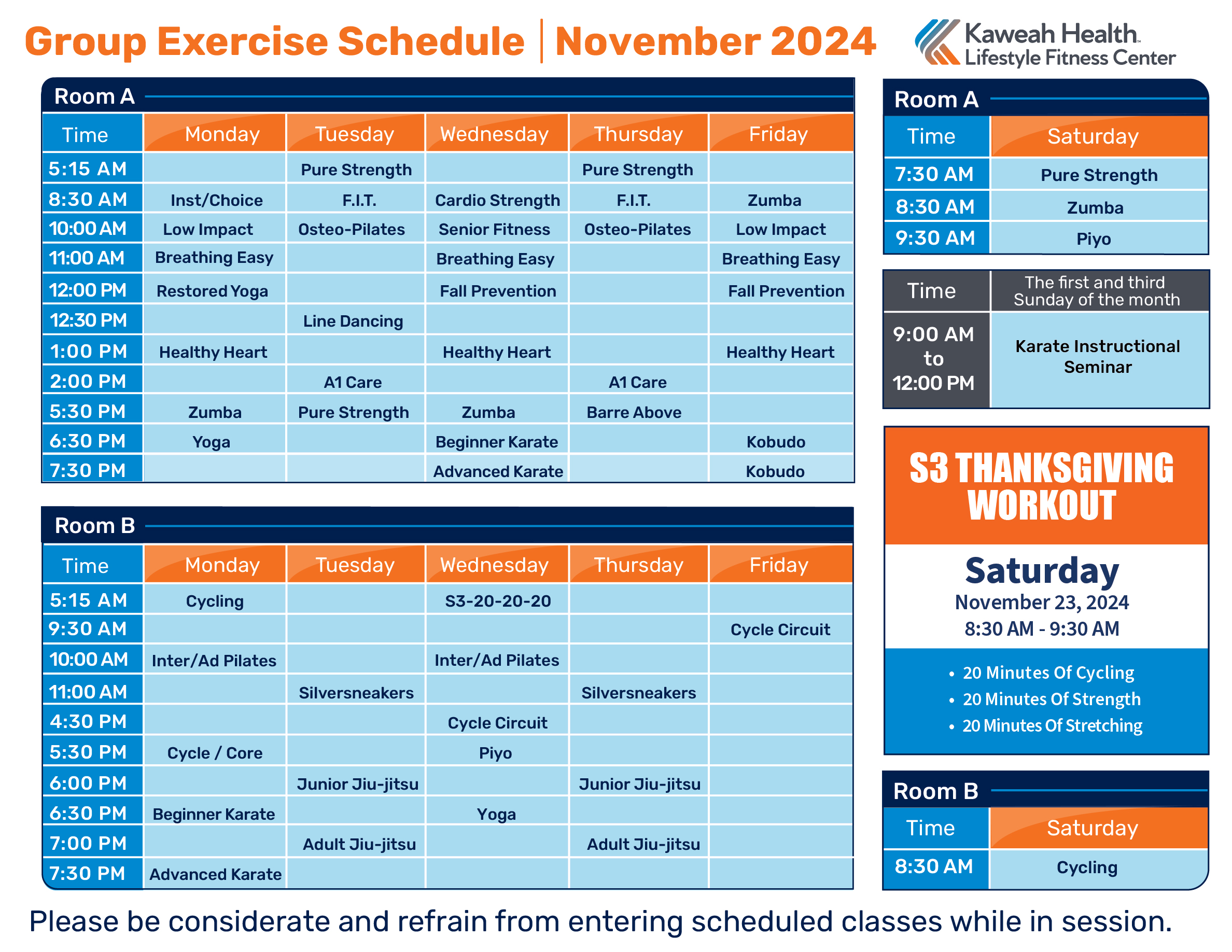 November Aerobic schedule 2024