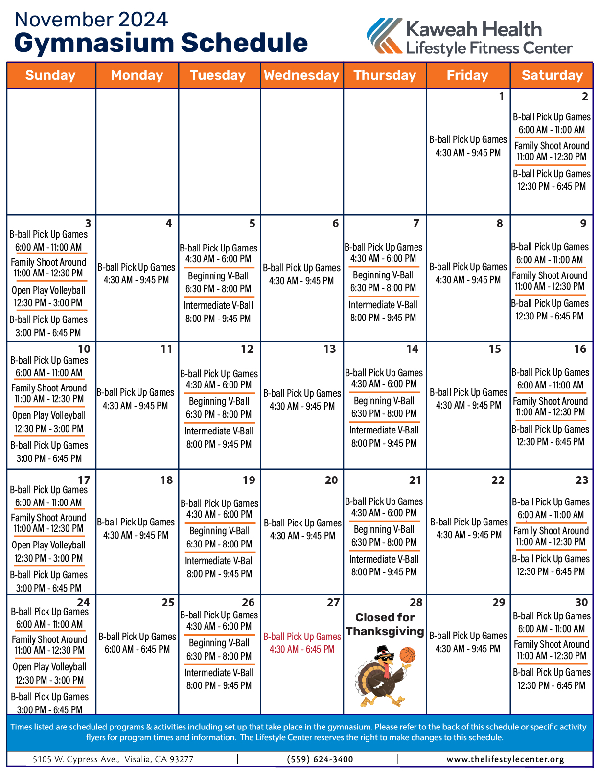 November 2024 Gymnasium schedule