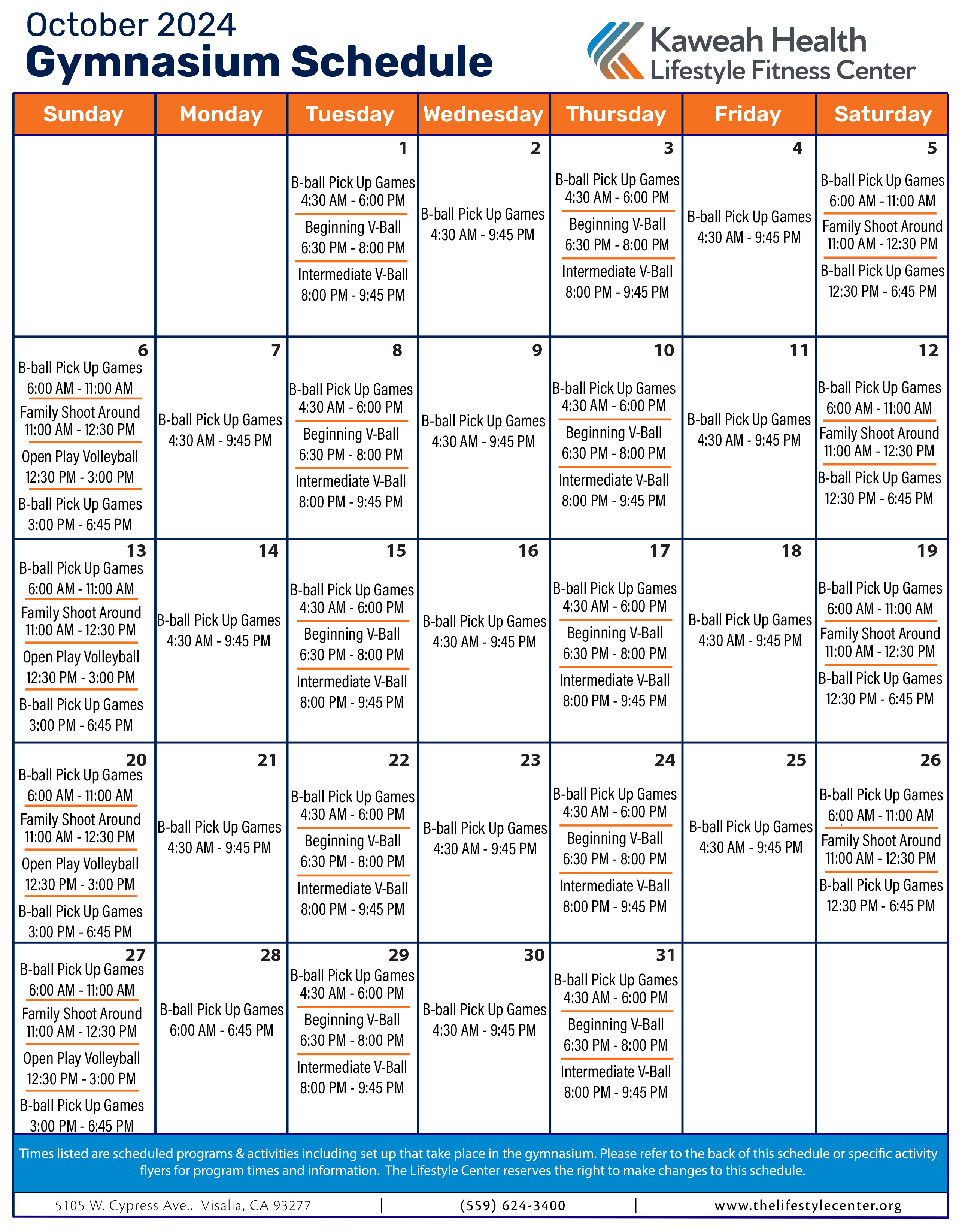 October 2024 Gymnasium schedule